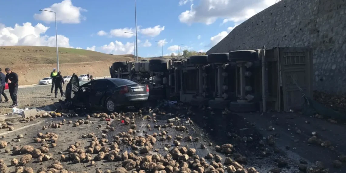 SEMI TRUCK LOADED WITH SUGAR BEETS COLLIDES WITH A CAR IN TRAFFIC ACCIDENT